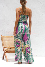 Unique Printed Suspender Back Pleated Pocket Wide-leg Jumpsuit