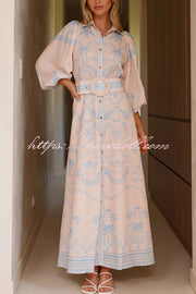 Linen Blend Lapel Puff Sleeve Casual Waist Belted Maxi Dress