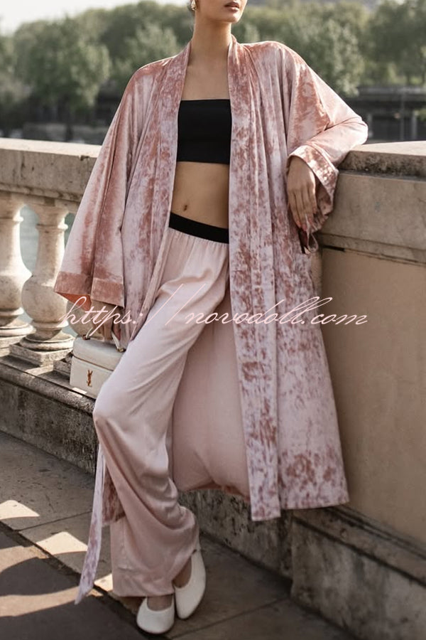 Gorgeous Glossy Velvet Long Bell Sleeve Tie-up Pocket Midi Kimono Coat