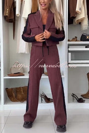 Fashion Lace Panel Long-sleeved Crop Top and Elastic Waist Tie Pocket Casual Pants Set