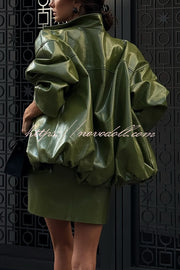 Solid Color Loose Long Sleeve Pocket Casual Leather Jacket