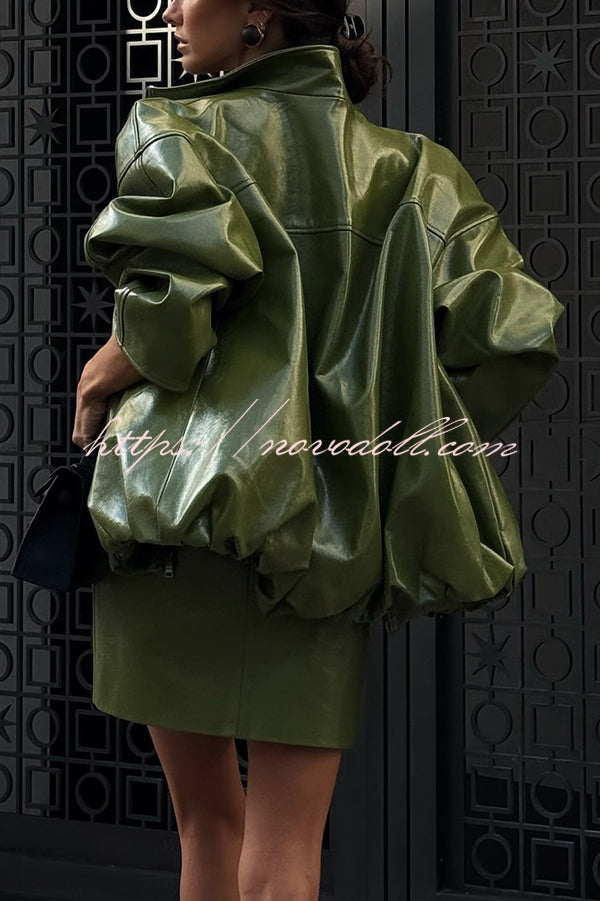 Solid Color Loose Long Sleeve Pocket Casual Leather Jacket