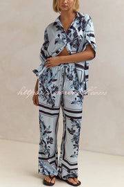 Fashionable Plant Print Loose Lapel Short Sleeve Shirt and Casual Elastic Waist Pocket Pants Set
