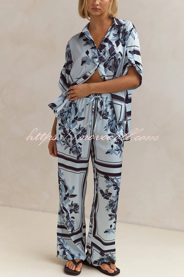 Fashionable Plant Print Loose Lapel Short Sleeve Shirt and Casual Elastic Waist Pocket Pants Set