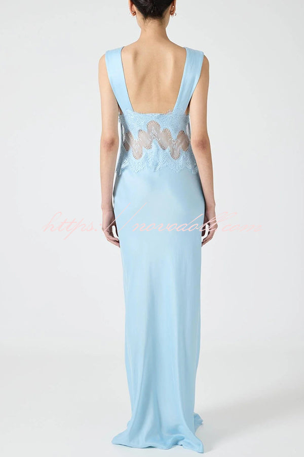 Wonderful Fusion Satin Lace Trim See-through Waist V-neck Drape Maxi Dress