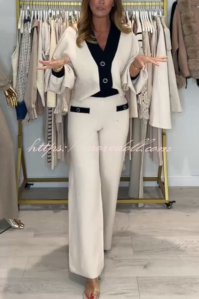 Fashion Contrast Color V-neck Loose Cardigan and Elastic Waist Casual Pants Set
