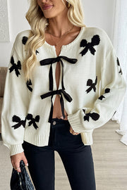 Fashionable Contrasting Bow Casual Lace-up Knitted Cardigan