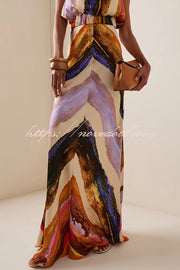 Unique Print Sleeveless Stretch Stand Collar Top and Elegant Maxi Skirt Set