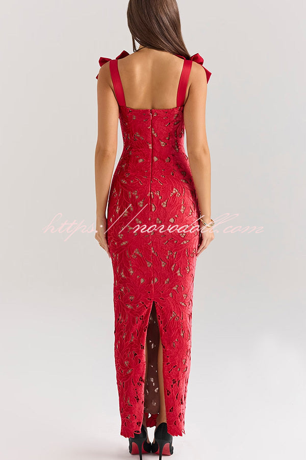 Holiday Intimacy Embroidered Floral Lace Bow Shoulder Straps Slit Maxi Dress