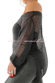 Solid Color Loose Long Sleeve Hollow Knit Cover-up Top