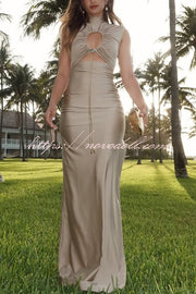 Genis Hollow Elastic Bust High Neck Sleeveless Gathered Maxi Dress