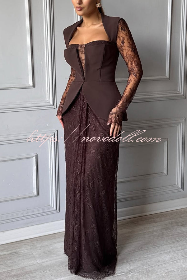 Belle Contrast Sheer Lace Fabric Patchwork Square Neck Long Sleeve Drape Maxi Dress