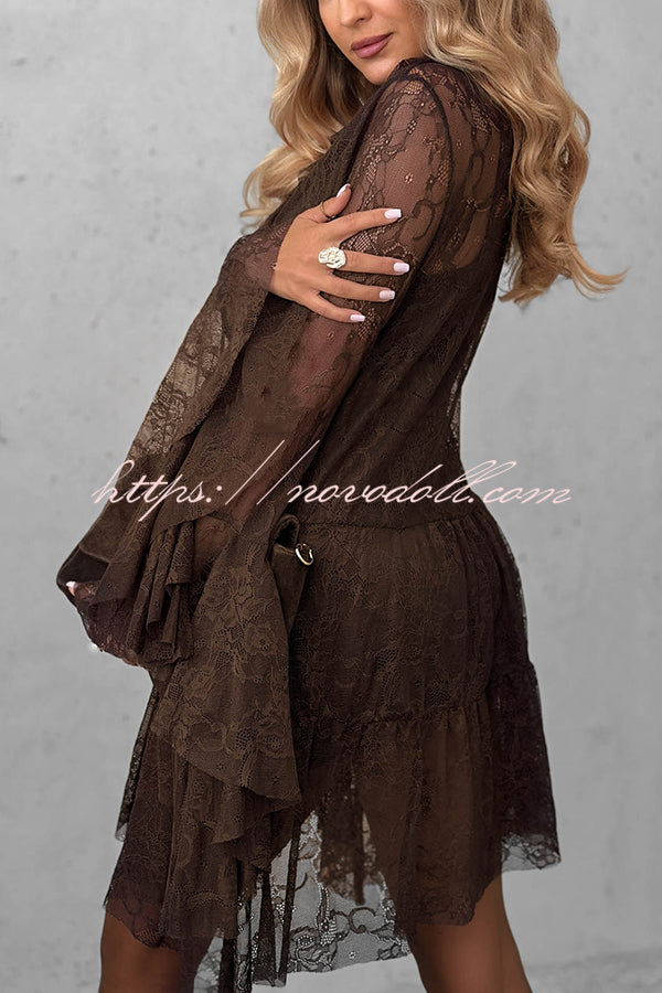 Feeling Lighthearted Lace Ruffle Neck Bell Sleeve Layered Hem A-line Mini Dress