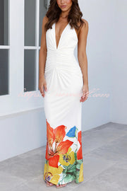Floral Print Sexy Halterneck Open Back Pleated Slim Maxi Dress