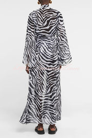 Marsie Zebra-print Elastic Drawstring Waist Long Bell Sleeve Cover-up Kimono