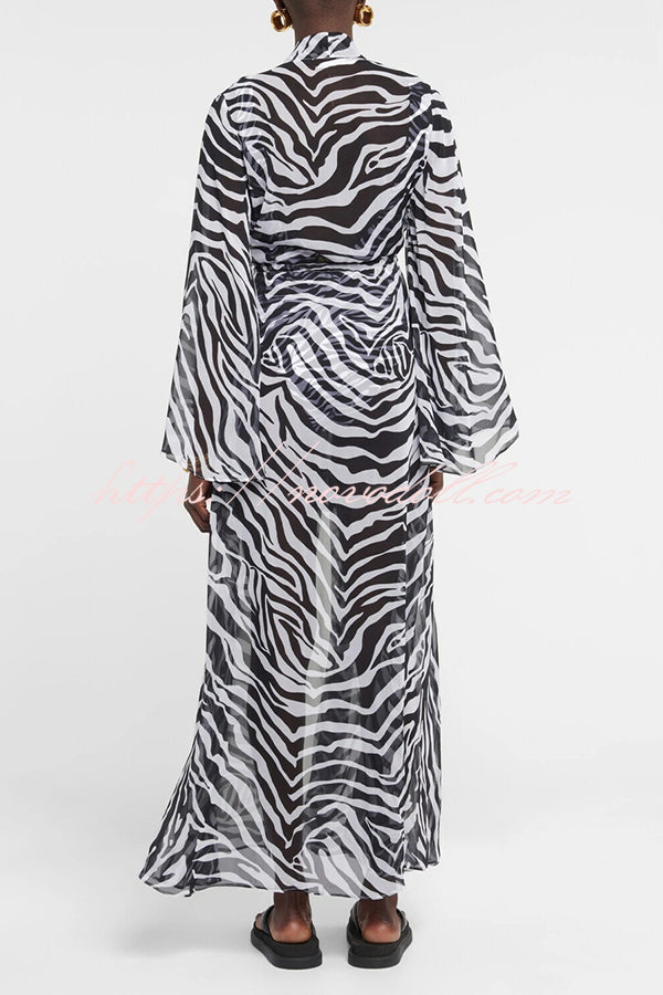 Marsie Zebra-print Elastic Drawstring Waist Long Bell Sleeve Cover-up Kimono