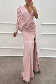 Like Venus One Shoulder Bat Sleeve Ruched Detail Slit Gown Maxi Dress