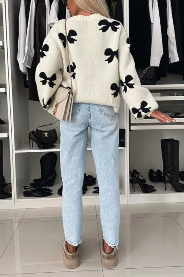 Bow Tie Round Neck Long Sleeve Knitted Cardigan