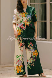 Island Linen Blend Unique Print Short Sleeve Loose Shirt and Elastic Waist Pocket Pants Set