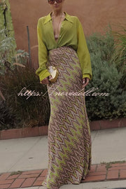 Moonlit Waltz Knit Jacquard Zigzag Print High Rise Stretch Flare Maxi Skirt