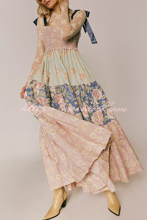 Floral Print Strappy Pleated Paneled Maxi Dress