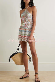 Juney Knit Colorful Zigzag Pattern Halter Neck Slit Wide Leg Loose Romper