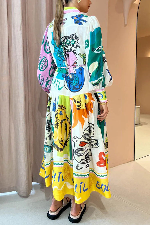 Boldness and Art Linen Blend Unique Print Balloon Sleeve Patchwork Shirt Midi Dress