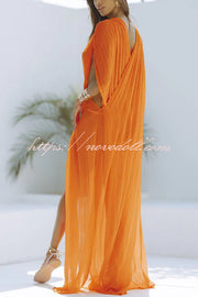 Enjoy Your Vacation Linen Blend Ruched Shoulder Drape Loose Cover Up Maxi Dress