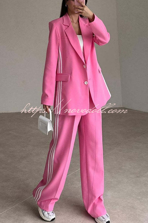 Fresh and Casual Style Striped Trim Lapel Blazer and High Rise Pocket Loose Pants Set