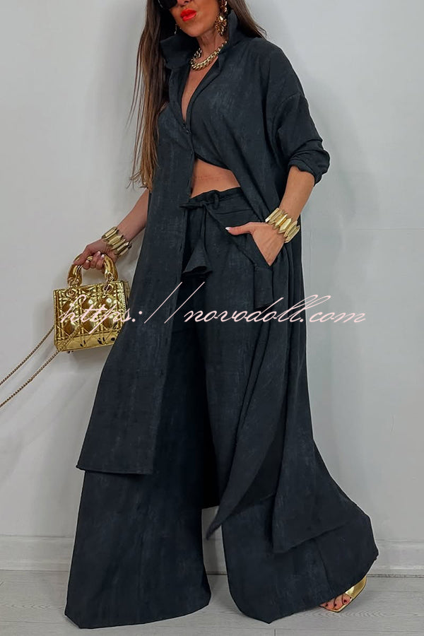 Solid Color Casual Loose Long Shirt and Elastic Waist Pocket Wide Leg Pants Set