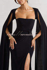 Elegant Goddess Square Neck Twisted Cape Sleeve Slit Maxi Dress