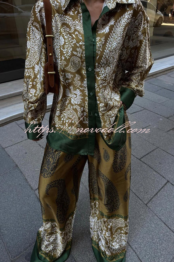 Naya Satin Contrast Color Paisley Long Sleeve Shirt and Elastic Waist Pocketed Pants Set