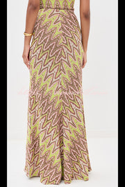 Moonlit Waltz Knit Jacquard Zigzag Print High Rise Stretch Flare Maxi Skirt
