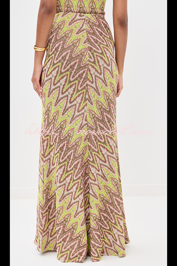 Moonlit Waltz Knit Jacquard Zigzag Print High Rise Stretch Flare Maxi Skirt