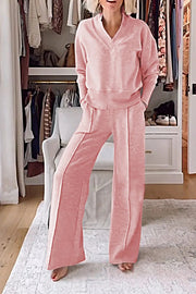 Weather Gets Cold Solid Color V-neck Top and Elastic Waist Pocketed Lounge Pants Set