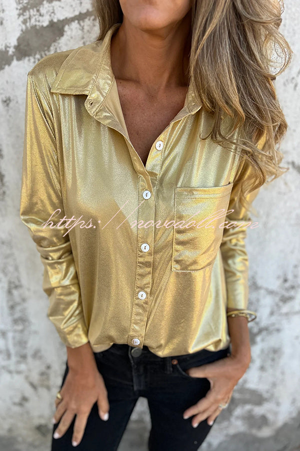 Holiday Look Solid Metallic Loose Pocket Button-down Blouse