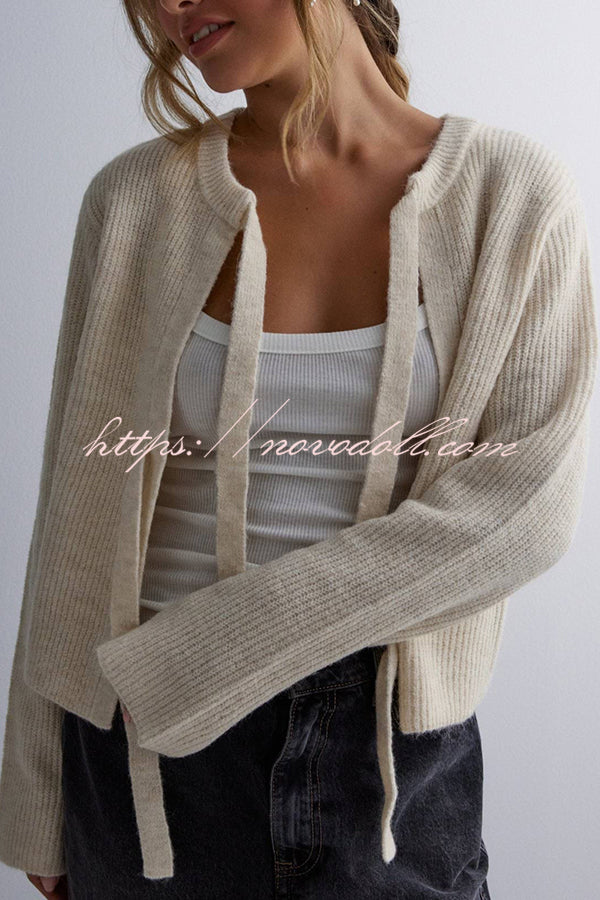 Solid Color Loose Long Sleeve Lace-up Knitted Cardigan