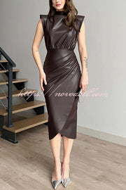 Elouise Faux Leather Turtleneck Shoulder Pads Ruched Slit Midi Dress