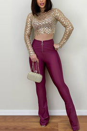 Geometric Pattern Crew Neck Mesh Pearl Sequin Long Sleeved Top