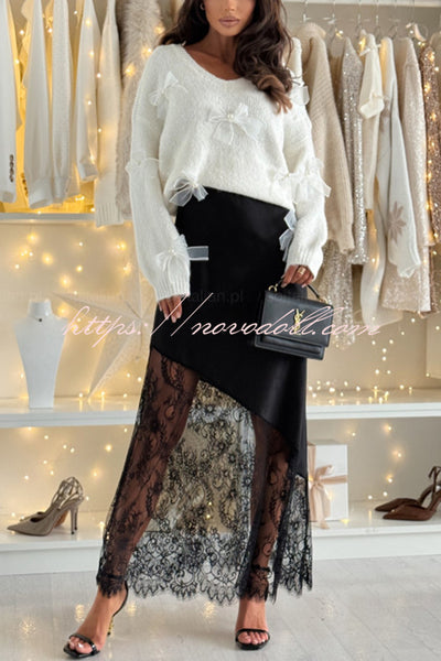 Gentle Winter Satin Lace Patchwork High Rise Elastic Waist Maxi Skirt