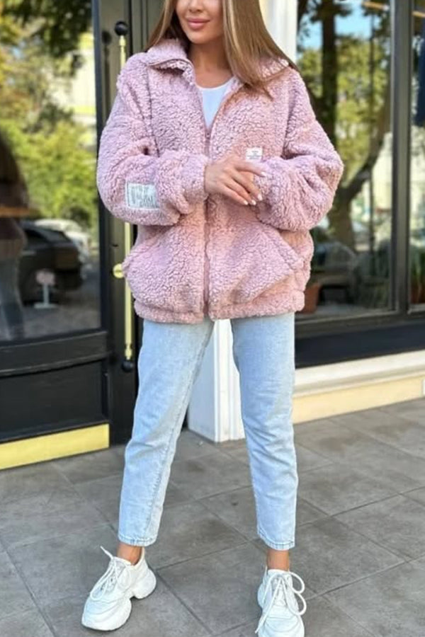 Solid Color Casual Long Sleeve Zipper Pocket Loose Jacket