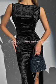 Solid Color Velvet Round Neck Sleeveless Slim Slit Maxi Dress