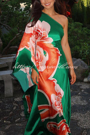 Elegance and Grace Satin Dragon Print One Shoulder Drape Sleeve Maxi Dress