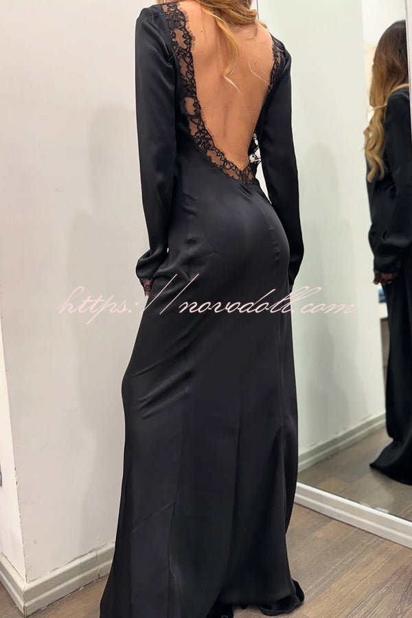 Mystic Moment Satin Lace Trim Long Sleeve Backless Maxi Dress