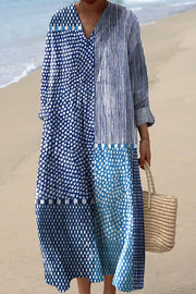 Blue Spot Print V-Neck Long Sleeve Loose Midi Dress