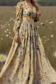 Floral Print Long-Sleeved Fitted Waist Casual Holiday Maxi Dress