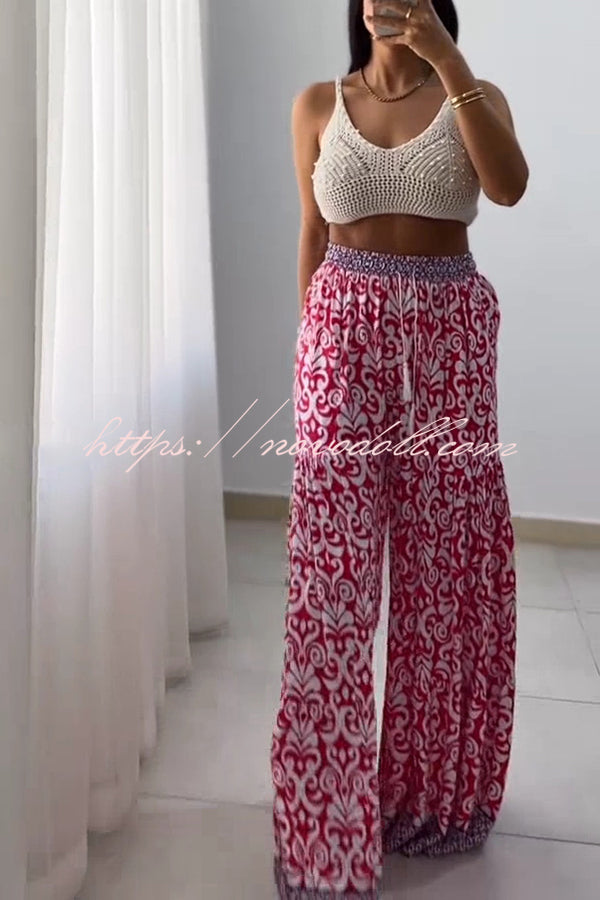 Unique Print Elastic High Waist Tie Pocket Wide Leg Pants