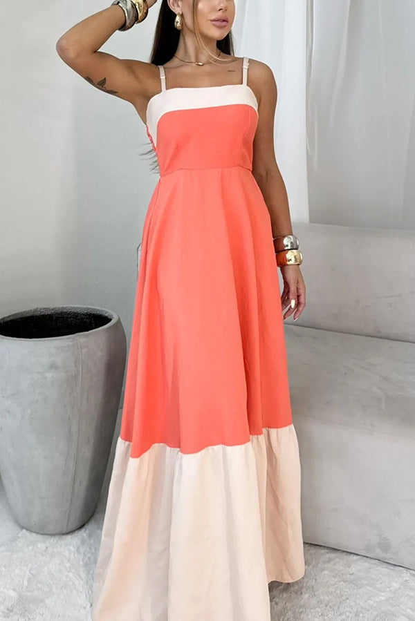 Fashionable Contrast Color Stitching Sling Maxi Dress