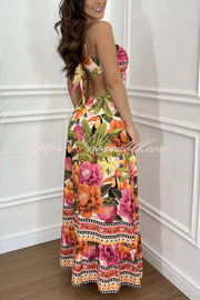 Mexico Style Tropical Print Ring Cutout Lace-up Vacation Maxi Dress