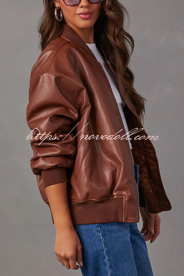 Solid Color Long Sleeve Loose Pocket Leather Jacket